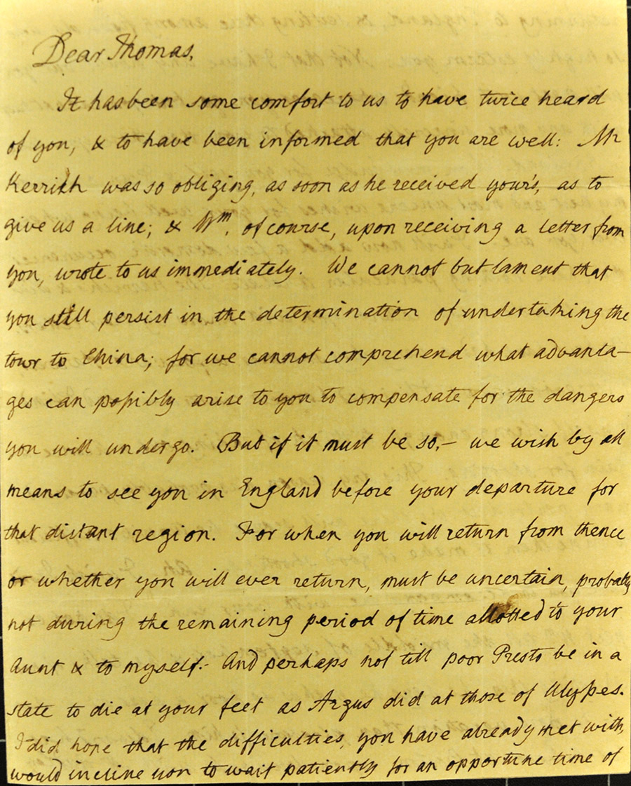 Letter from Thomas Manning’s father, Rev William Manning, expressing his concern regarding Manning’s proposed travel to China, [24 August 1803] (TM/1/1/27)