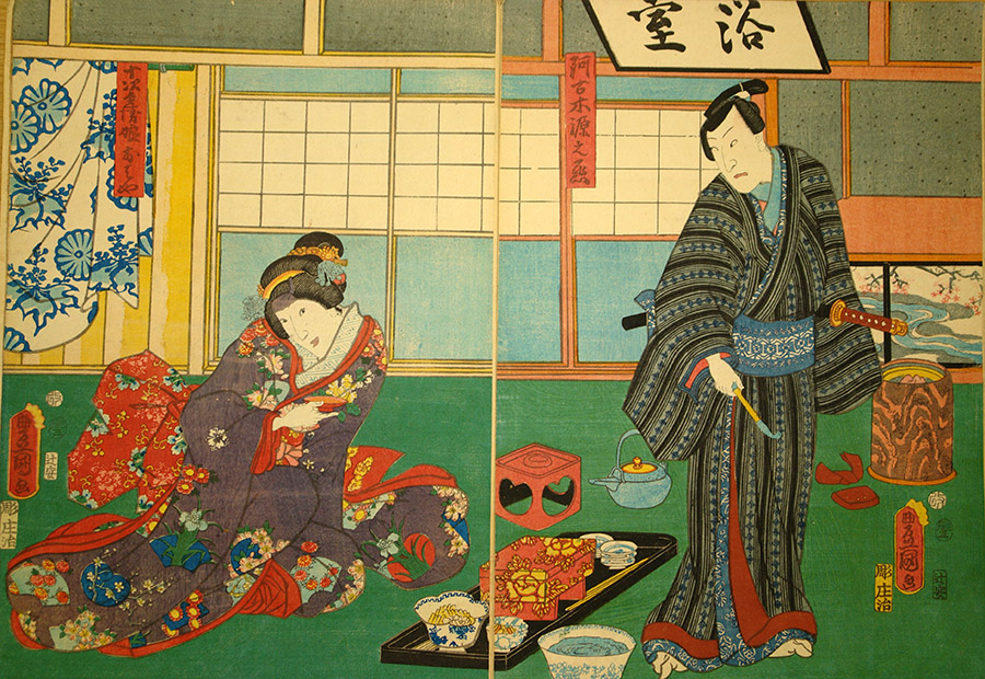 Scene from Yume musubu chan i tori-oi produced at the Ichimura Theatre in 1856