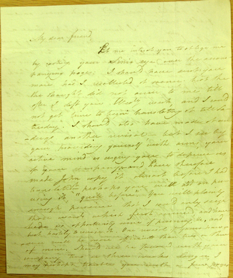Letter from Marshman in which he asks Manning to "cast his Sinic eye" over his work.