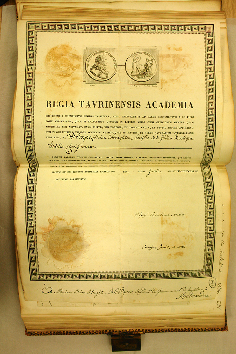 Certificate and accompanying letter from the Académie Royals des Sciences (Le Secrétaire de la Classe des Sciences Physiques et Mathématiques) to announce Hodgson has been made an Associate Correspondent of the Academy. 