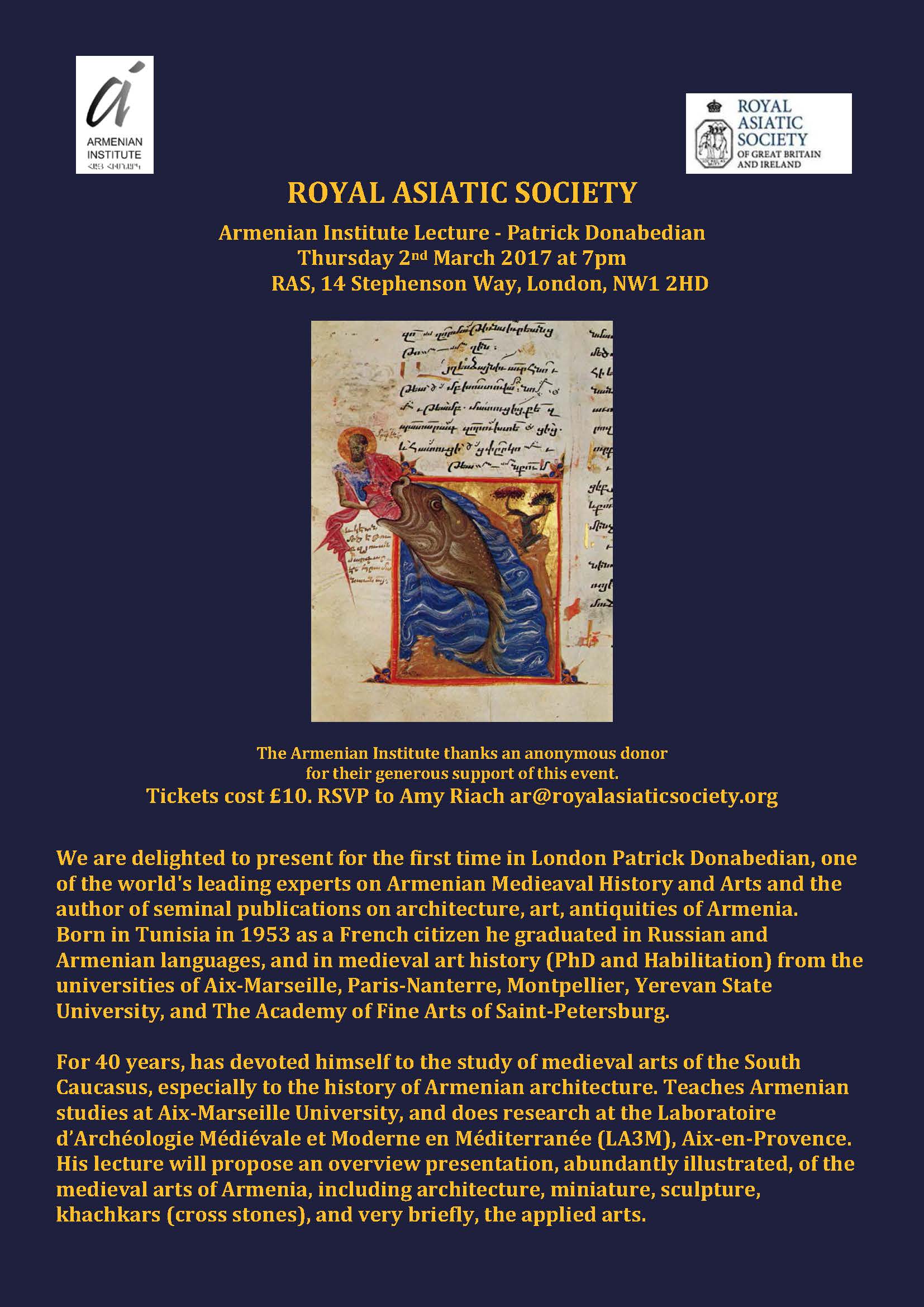 Armenian Institute lecture at RAS on 2 March 2017 7pm